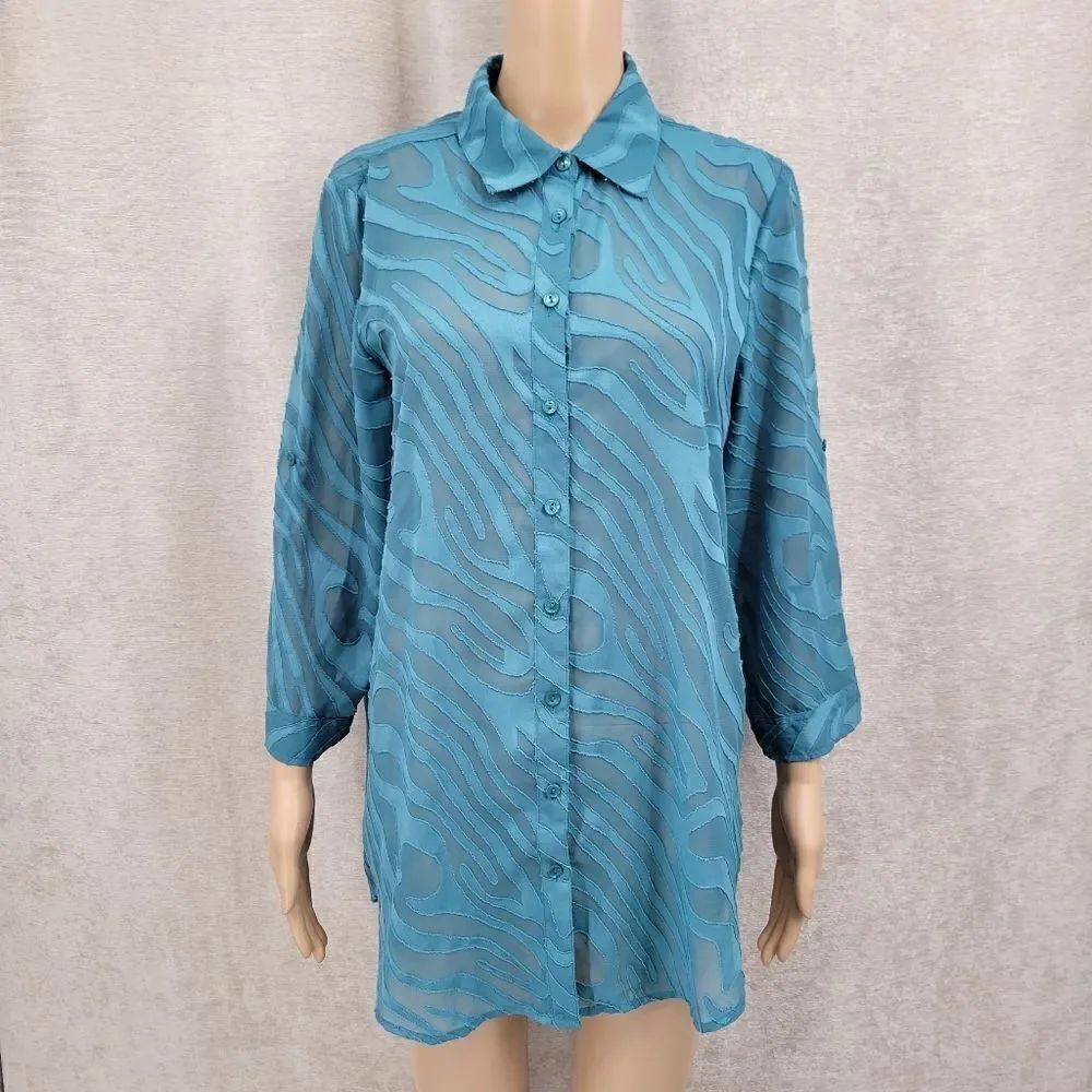 a la carte Blue Burn Out Sheer Zebra Pattern Tunic Adjustable Sleeves